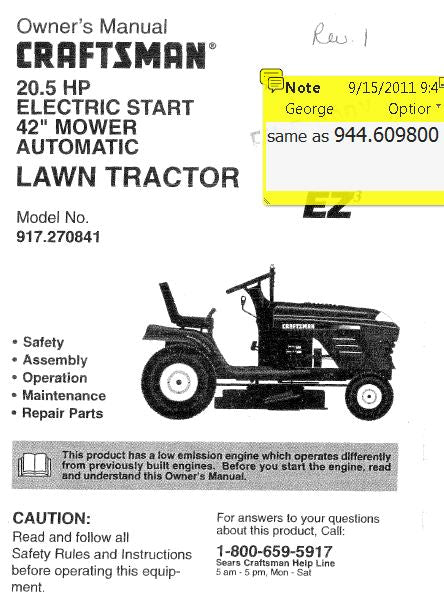 944.609800 Manual for Craftsman 42" Lawn Tractor