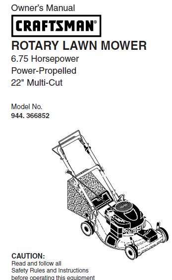 944.366852 Manual For Craftsman Lawn Mower Self-Propelled 22" Cut