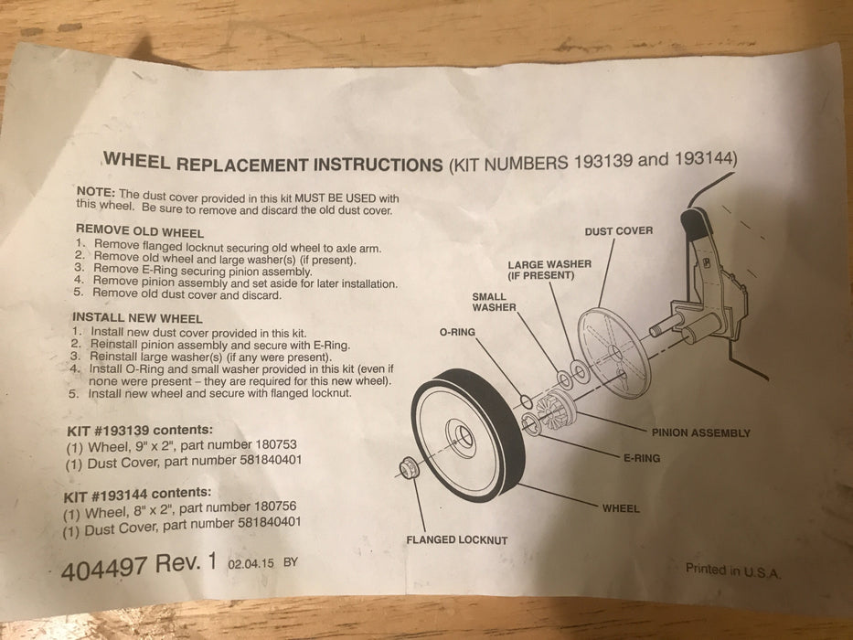 532193144 Craftsman Wheel Assembly - No Longer Available Use 72-001